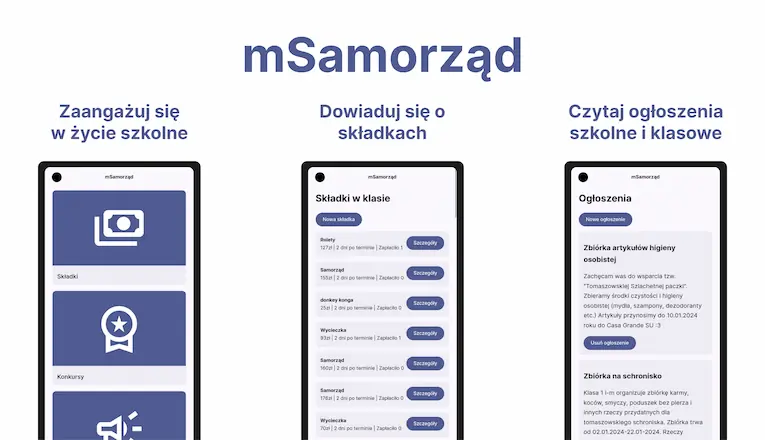 mSamorząd - Zaangażuj się w życie szkolne, dowiaduj się o składkach i czytaj ogłoszenia.